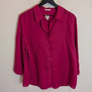 Chico's Women's No-Iron Hot Pink Linen Button Up Shirt 3/4 Sleeve 3